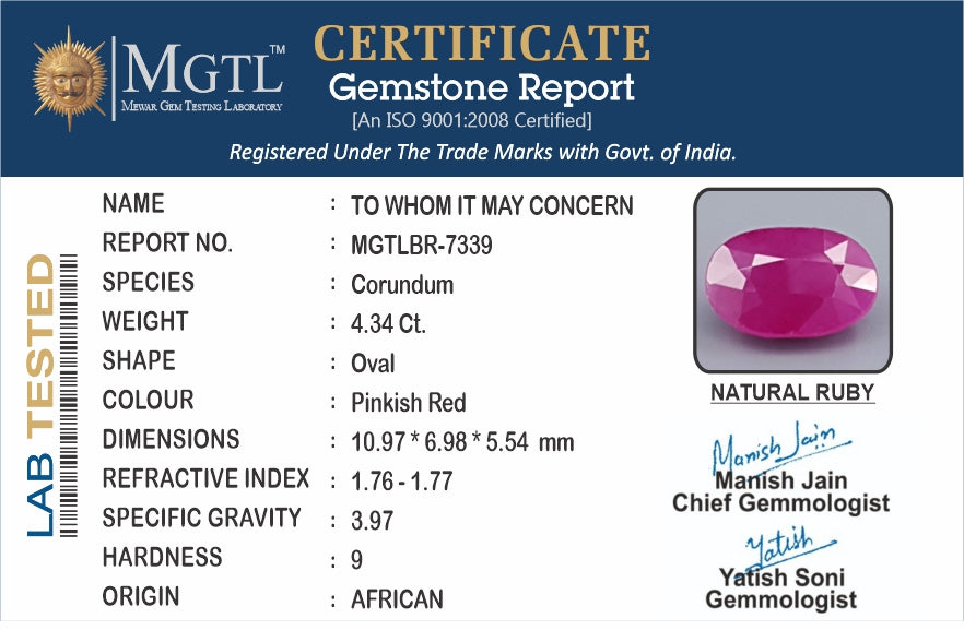 Ruby - 4.34 Carats (Manik - 4.73 Ratti)