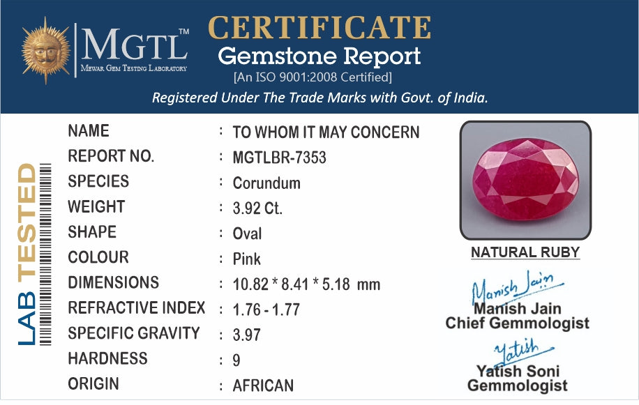 Ruby (Manik) - 3.92 Carats
