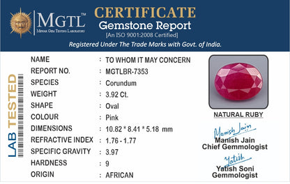 Ruby (Manik) - 3.92 Carats