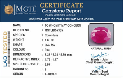 Ruby - 4.60 Carats (Manik - 5.01 Ratti)