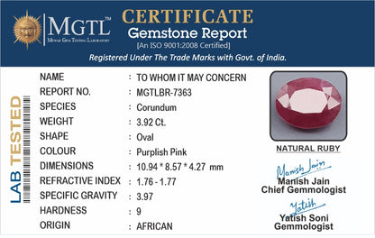 Ruby - 3.92 Carats (Manik - 4.27 Ratti)