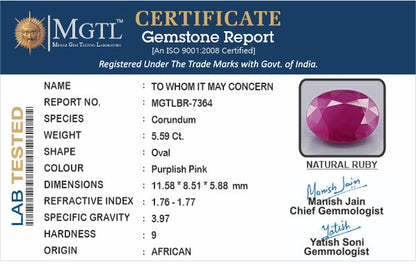 Ruby (Manik) - 5.59 Carats