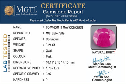 Ruby - 3.24 Carats (Manik - 3.53 Ratti)