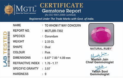 Ruby - 2.33 Carats (Manik - 2.54 Ratti)