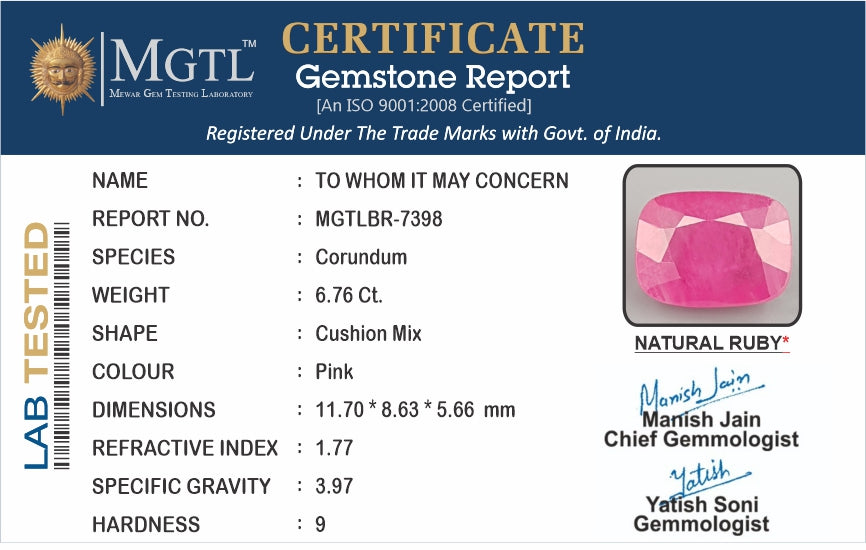 Ruby - 6.76 Carats (Manik - 7.37 Ratti)