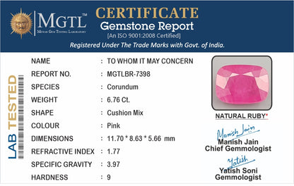 Ruby - 6.76 Carats (Manik - 7.37 Ratti)