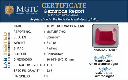 Ruby - 5.40 Carats (Manik - 5.89 Ratti)