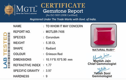 Ruby - 5.35 Carats (Manik - 5.83 Ratti)