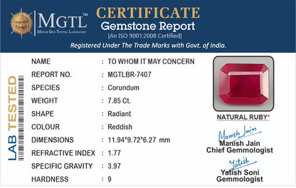 Ruby - 7.85 Carats (Manik - 8.56 Ratti)
