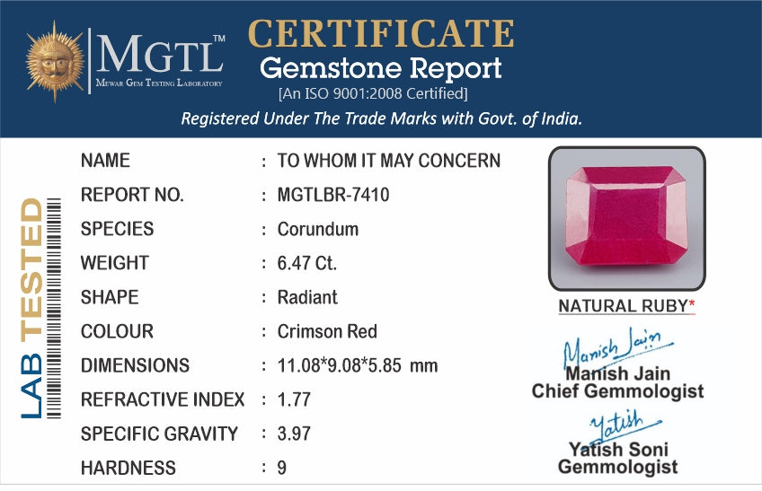 Ruby - 6.47 Carats (Manik - 7.05 Ratti)