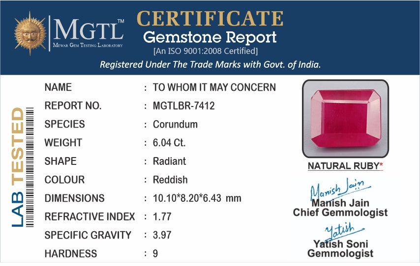 Ruby - 6.04 Carats (Manik - 6.58 Ratti)