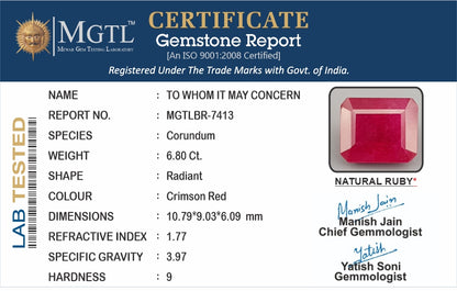 Ruby - 6.80 Carats (Manik - 7.41 Ratti)