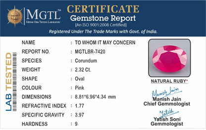 Ruby - 2.32 Carats (Manik - 2.53 Ratti)