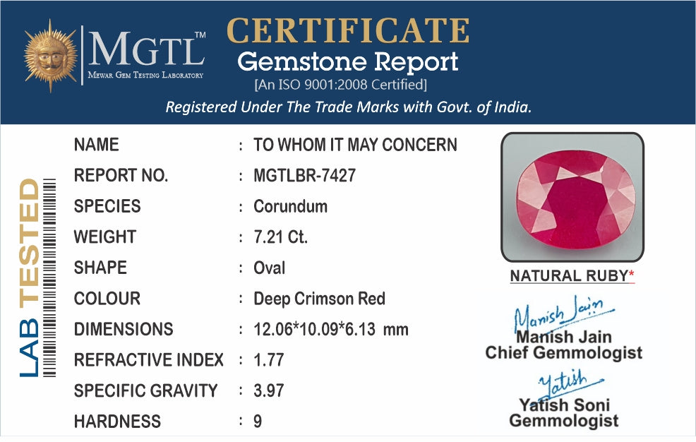 Ruby - 7.21 Carats (Manik - 7.86 Ratti)