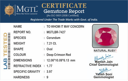 Ruby - 7.21 Carats (Manik - 7.86 Ratti)