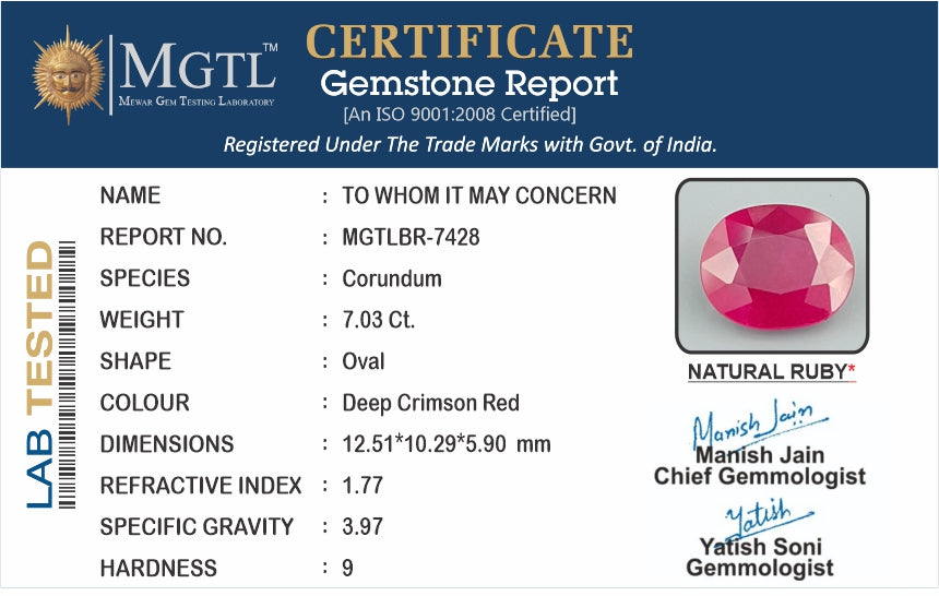Ruby - 7.03 Carats (Manik - 7.66 Ratti)