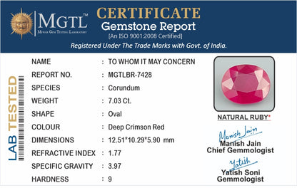 Ruby - 7.03 Carats (Manik - 7.66 Ratti)