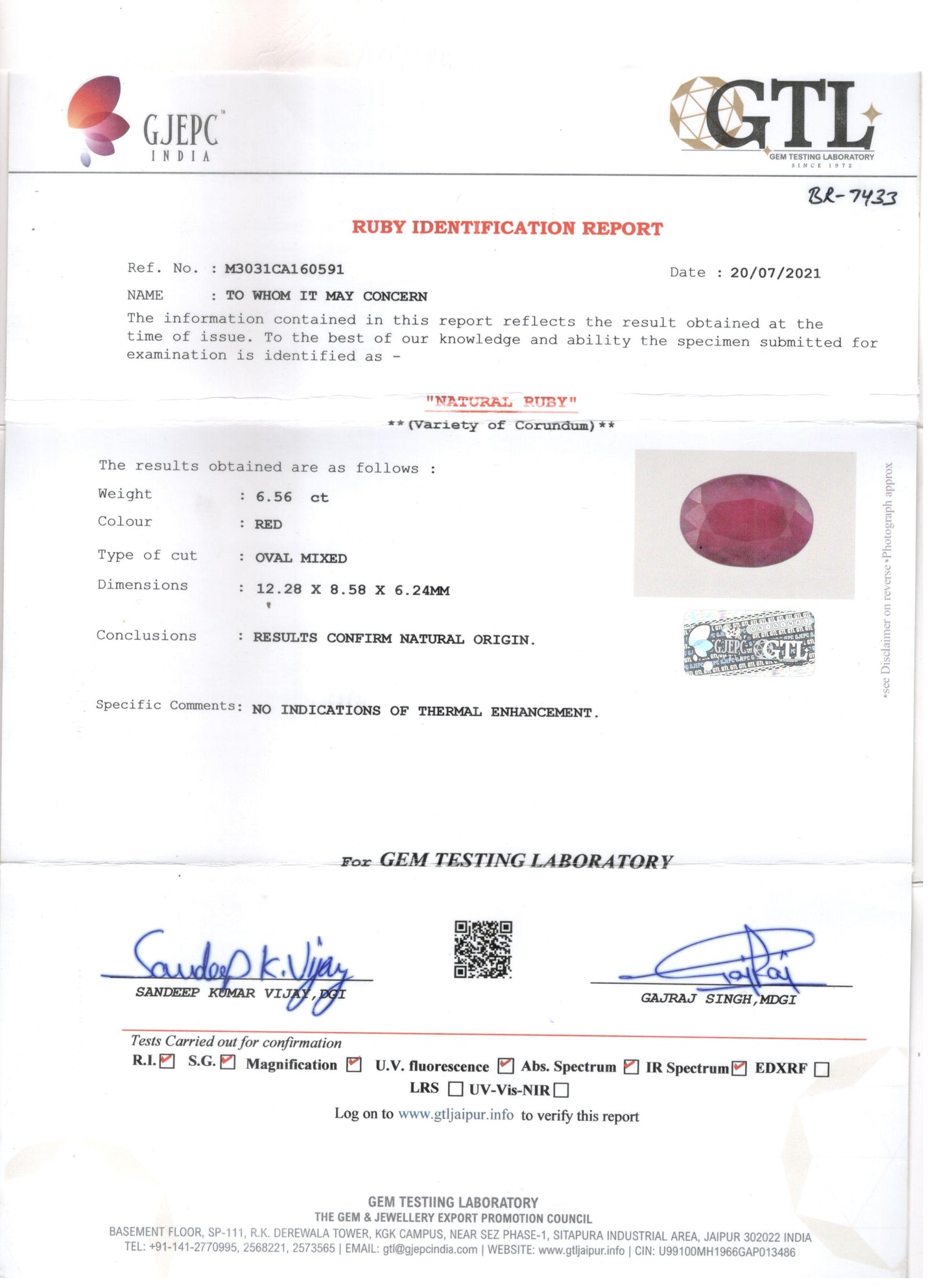 Ruby - 6.56 Carats (Manik - 7.15 Ratti)