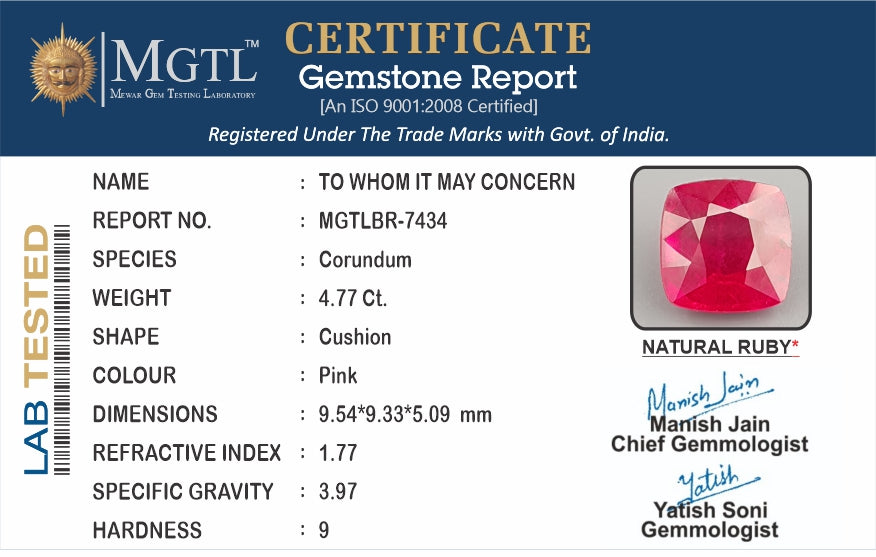 Ruby - 4.77 Carats (Manik - 5.20 Ratti)