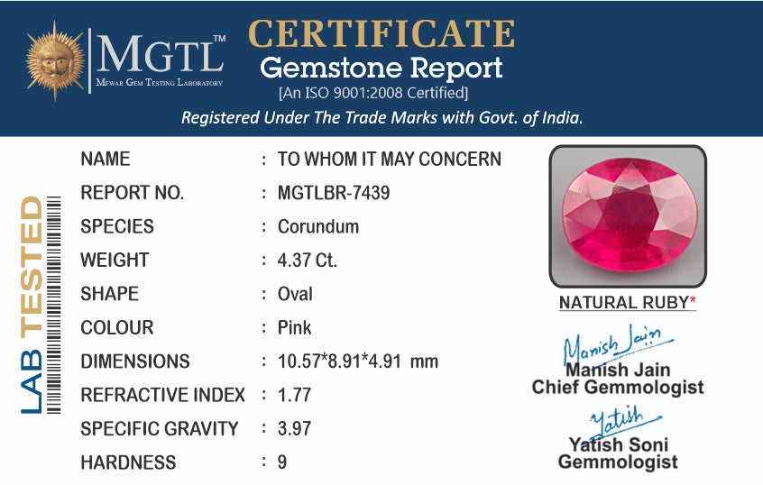 Ruby - 4.37 Carats (Manik - 4.76 Ratti)