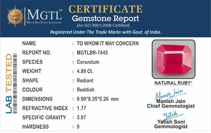 Ruby - 4.89 Carats (Manik - 5.33 Ratti)