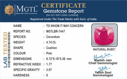Ruby - 4.74 Carats (Manik - 5.17 Ratti)