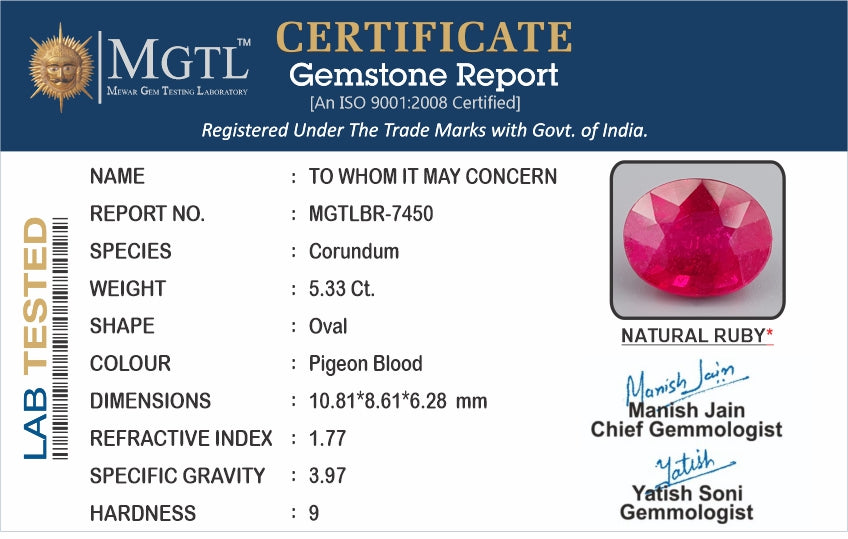 Ruby - 5.33 Carats (Manik - 5.81 Ratti)
