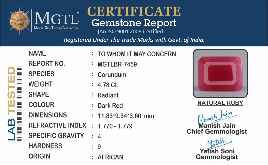 Ruby - 4.78 Carats (Manik - 5.21 Ratti)