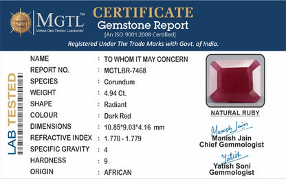 Ruby - 4.94 Carats (Manik - 5.38 Ratti)