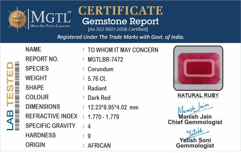 Ruby - 5.76 Carats (Manik - 6.28 Ratti)