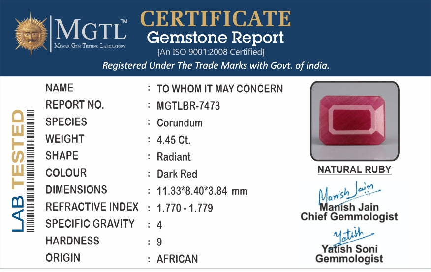 Ruby - 4.45 Carats (Manik - 4.85 Ratti)