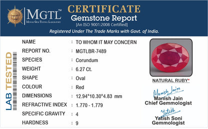 Ruby - 6.27 Carats (Manik - 6.83 Ratti)