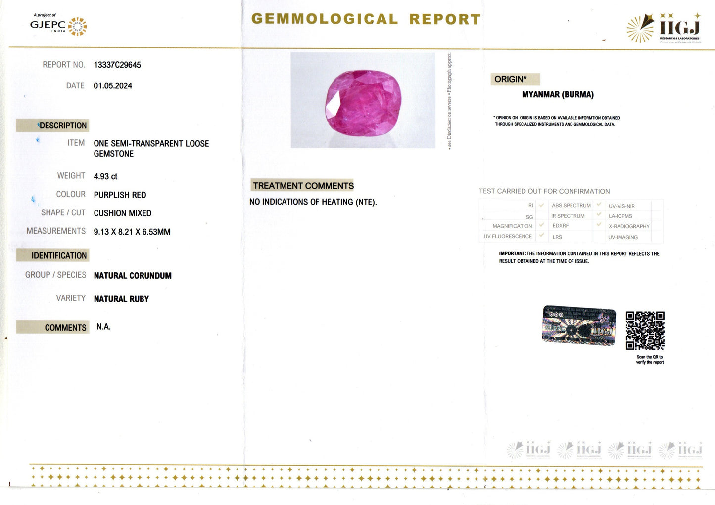 Ruby - 4.93 Carats (Manik - 5.37 Ratti)