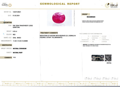 Ruby - 6.35 Carats (Manik - 6.92 Ratti)