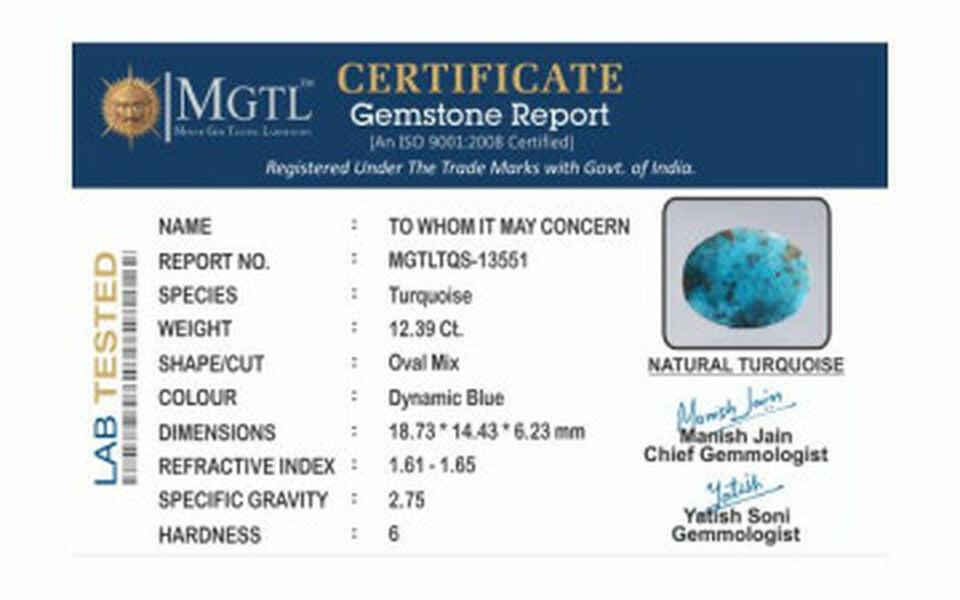 Turquoise - 12.39 Carats ( Firoza - 13.51 Ratti )