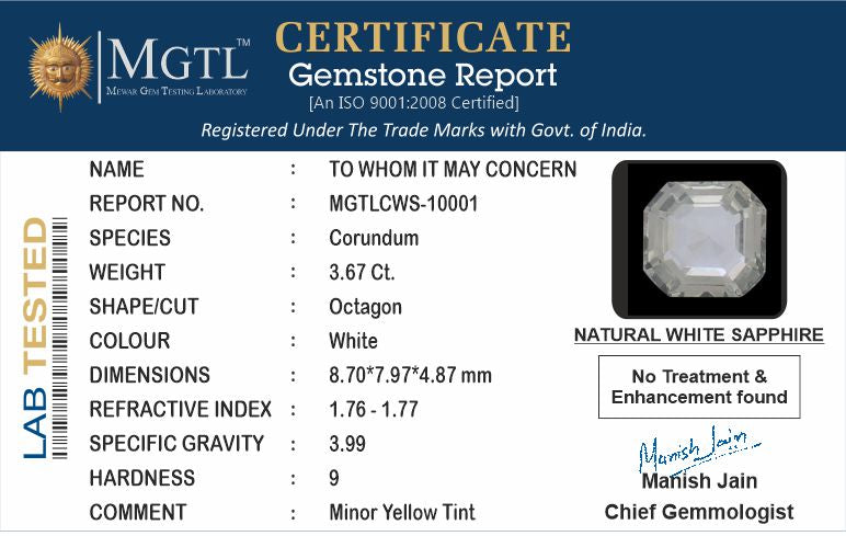 White Sapphire - 3.67 Carats (Safed Pukhraj - 4.00 Ratti)