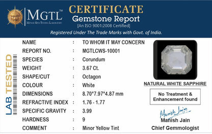 White Sapphire - 3.67 Carats (Safed Pukhraj - 4.00 Ratti)