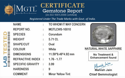 White Sapphire - 5.71 Carats (Safed Pukhraj - 6.22 Ratti)