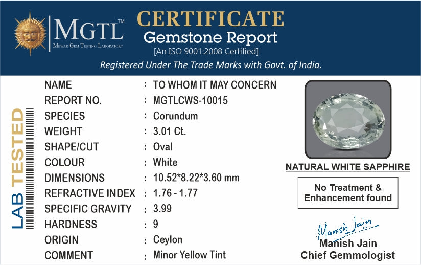 White Sapphire - 3.01 Carats (Safed Pukhraj - 3.28 Ratti)