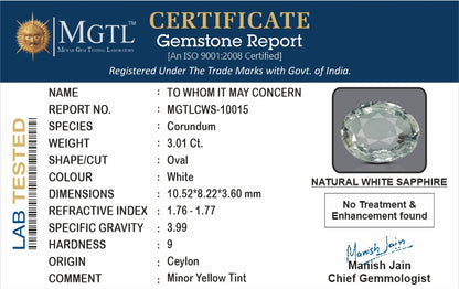 White Sapphire - 3.01 Carats (Safed Pukhraj - 3.28 Ratti)