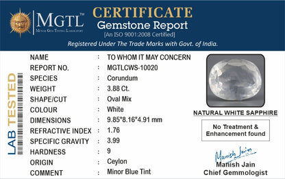 White Sapphire - 3.88 Carats (Safed Pukhraj - 4.23 Ratti)