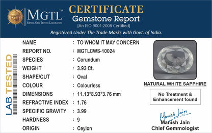 White Sapphire - 3.93 Carats (Safed Pukhraj - 4.28 Ratti)