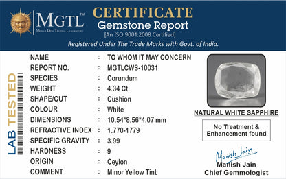 White Sapphire - 4.34 Carats (Safed Pukhraj - 4.73 Ratti)