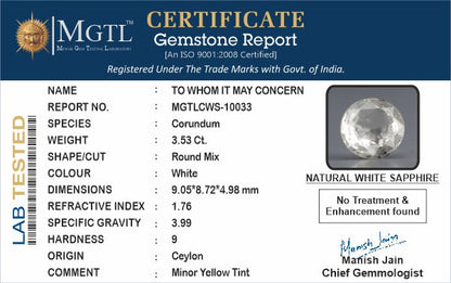 White Sapphire - 3.53 Carats (Safed Pukhraj - 3.85 Ratti)