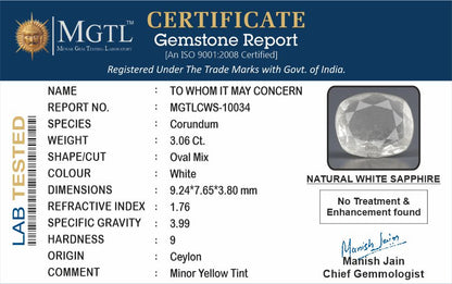 White Sapphire - 3.06 Carats (Safed Pukhraj - 3.34 Ratti)