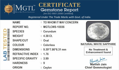 White Sapphire - 4.38 Carats (Safed Pukhraj - 4.77 Ratti)