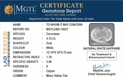 White Sapphire - 4.10 Carats (Safed Pukhraj - 4.47 Ratti)