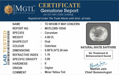 White Sapphire - 4.08 Carats (Safed Pukhraj - 4.45 Ratti)