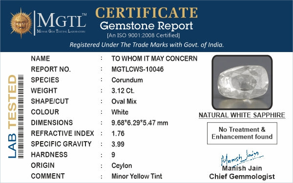 White Sapphire - 3.12 Carats (Safed Pukhraj - 3.40 Ratti)