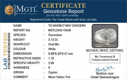 White Sapphire - 3.12 Carats (Safed Pukhraj - 3.40 Ratti)